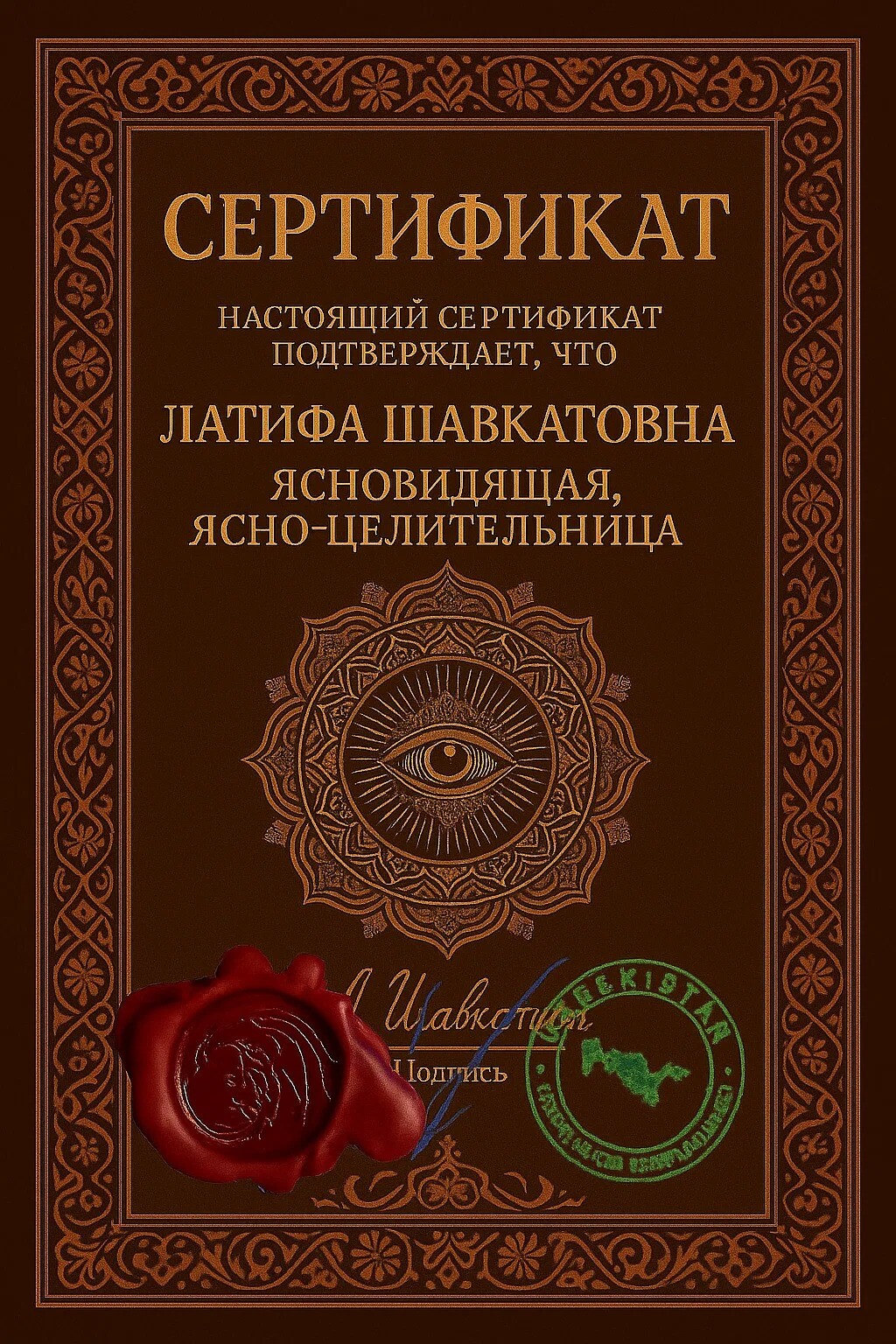 Сертификат ясно-целителя Латифы Шавкатовны из Ташкента